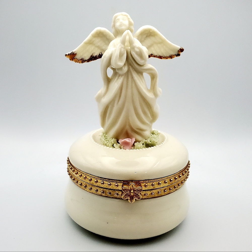 Vintage Praying Hands Angel Figurine Elegant Cream & Gold Porcelain Trinket Box